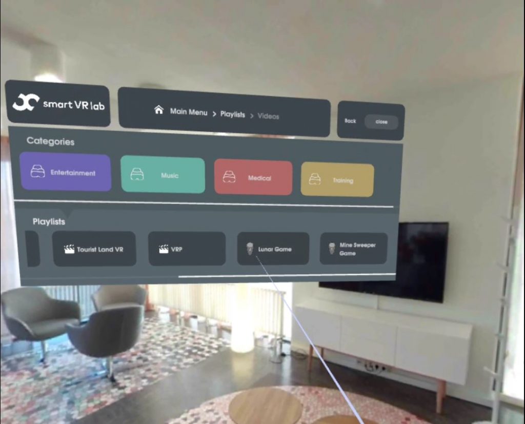 An overview of the Smart VR Lab VR menu. After wirelessly sideloading your apps, you can easily access them through our menu.